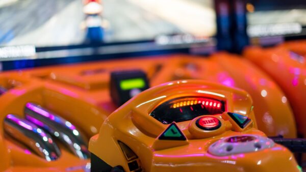 close up of racing arcade game